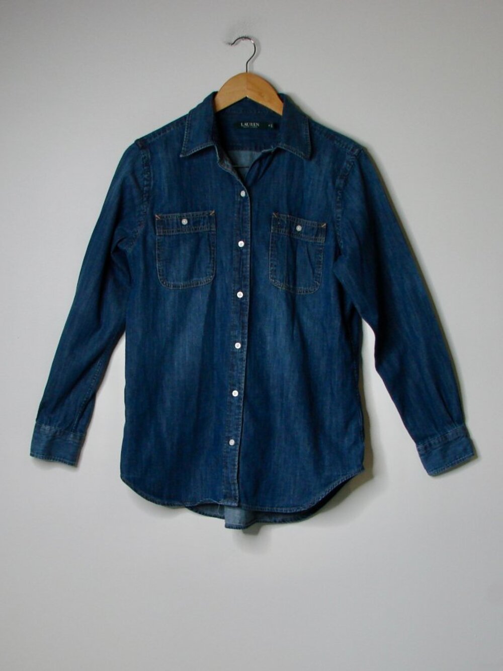 Lauren Ralph Lauren Denim Shirt Classic Cotton Button Up Dark Wash Size Medium